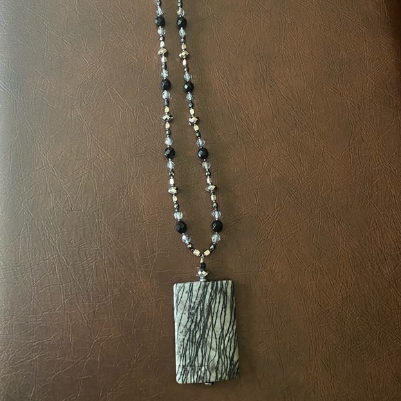Black Lined Jasper Stone Necklace with Black and Metallic Beads - Picture 4 of 8